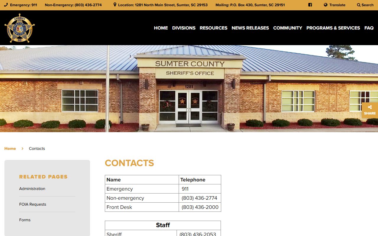 Sumter County arrest records and Sheriff contact channels for charges