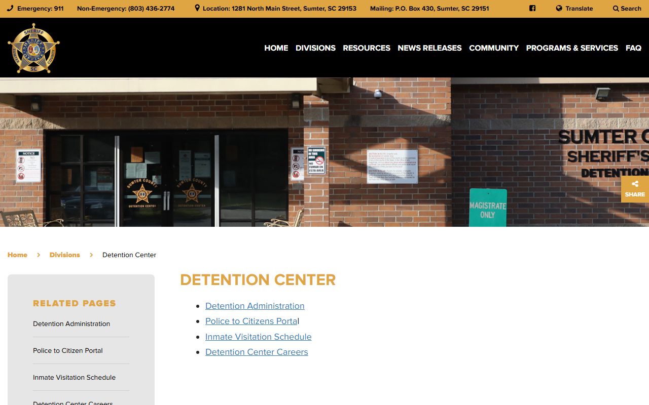 Sumter County arrest records and detention center charge status