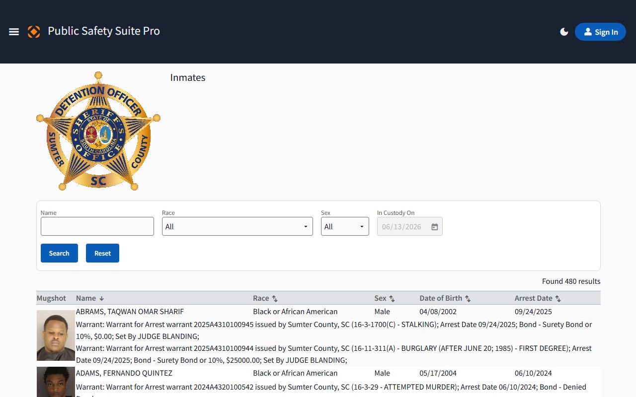 Sumter County arrest records and current inmate portal charge holds
