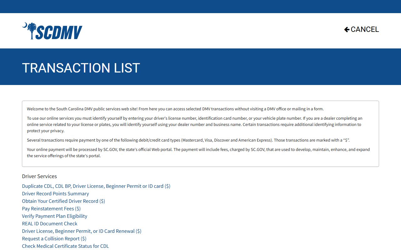 Sumter County court dockets SCDMV online transaction list