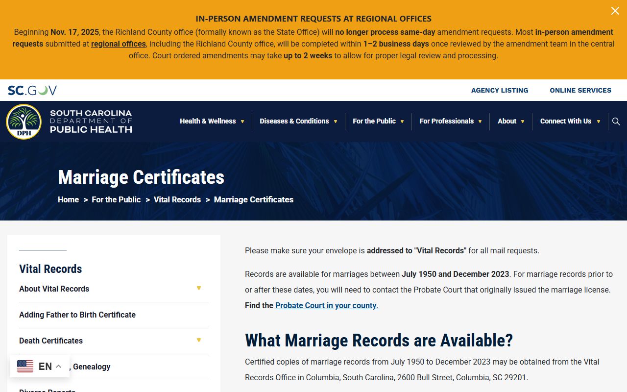 Sumter County marriage records South Carolina DPH certificate source