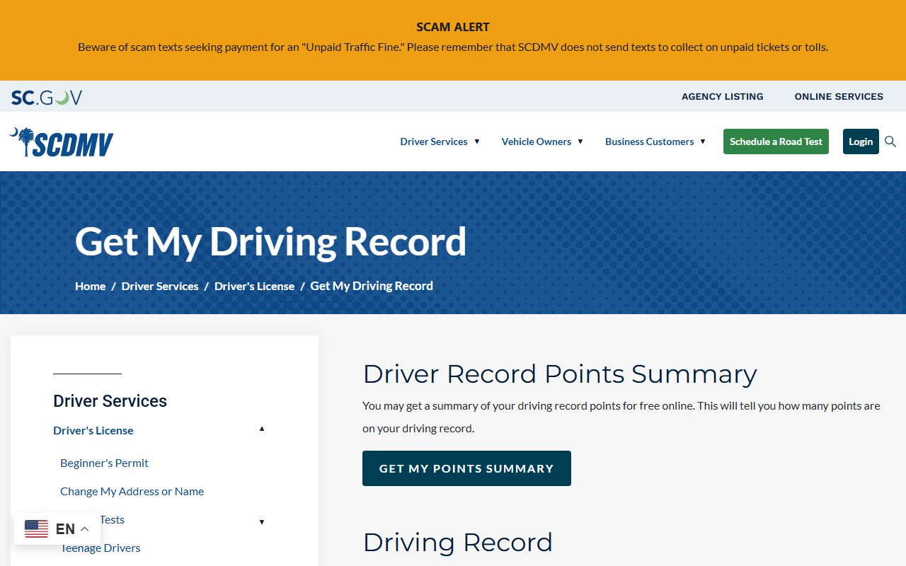 Sumter County traffic court records SCDMV driving record page