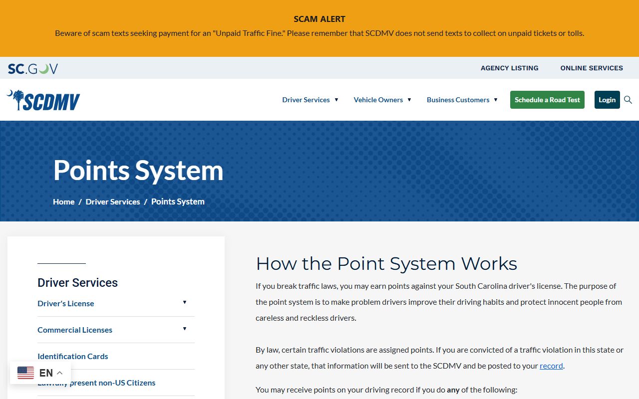 Sumter County traffic court records SCDMV points system