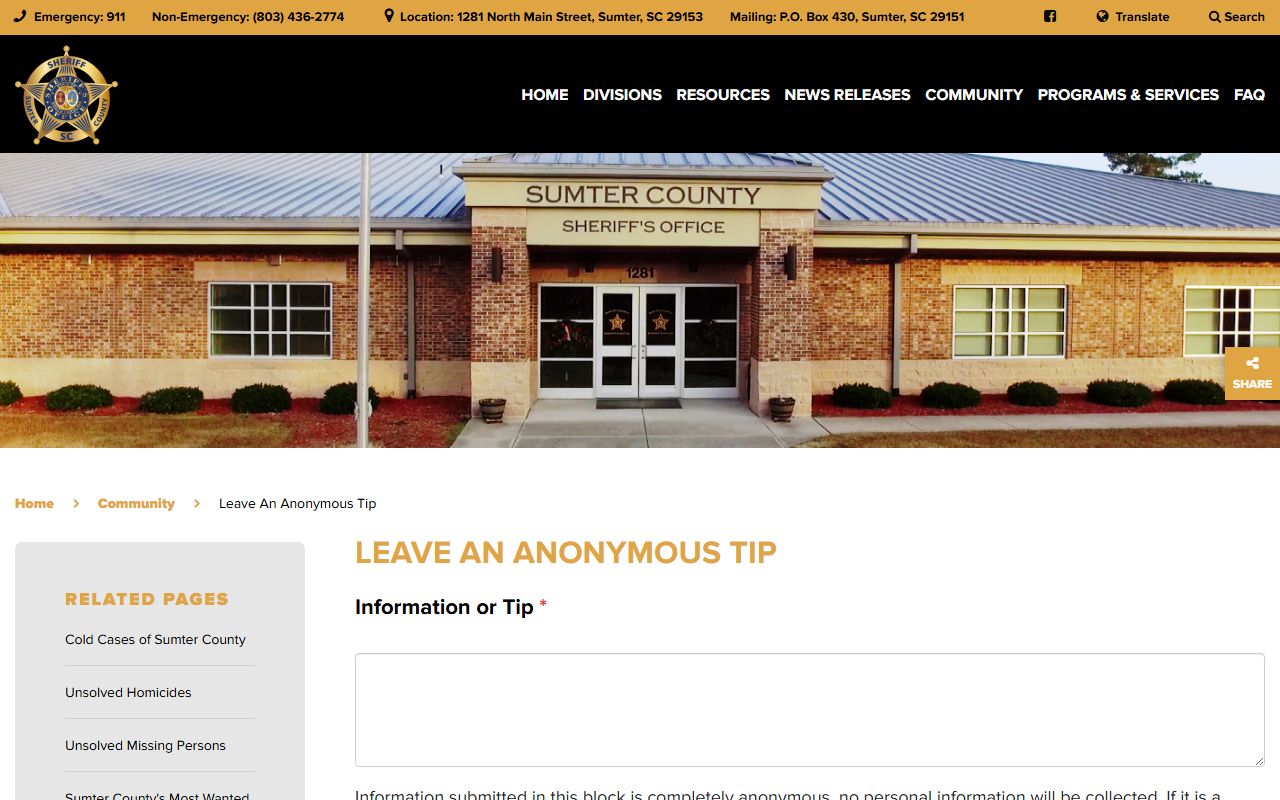 Sumter County warrant records Sheriff anonymous tip page
