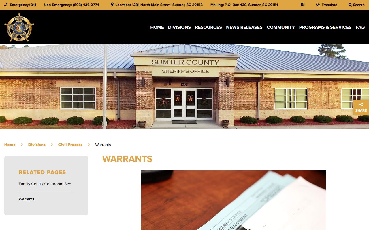 Sumter County warrant records Sheriff Civil Process and Warrants