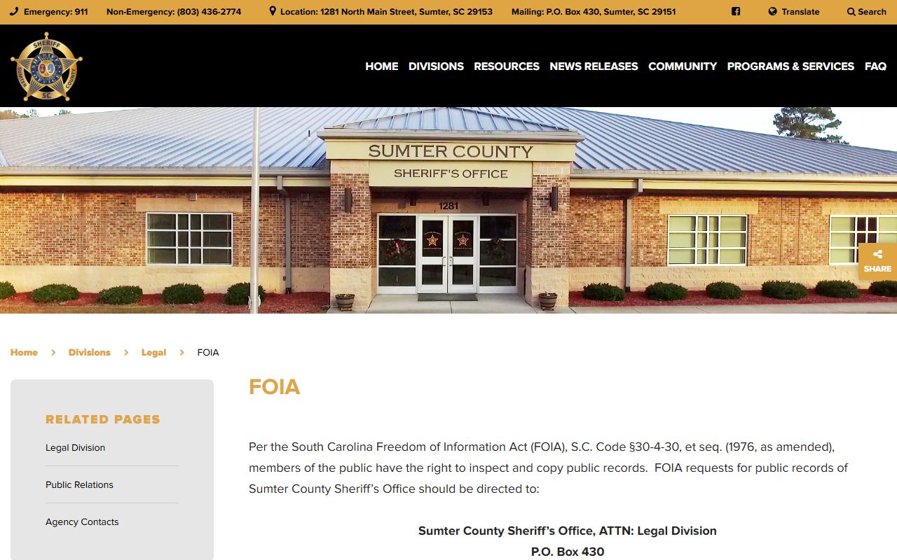 Sumter County warrant records Sheriff FOIA request page