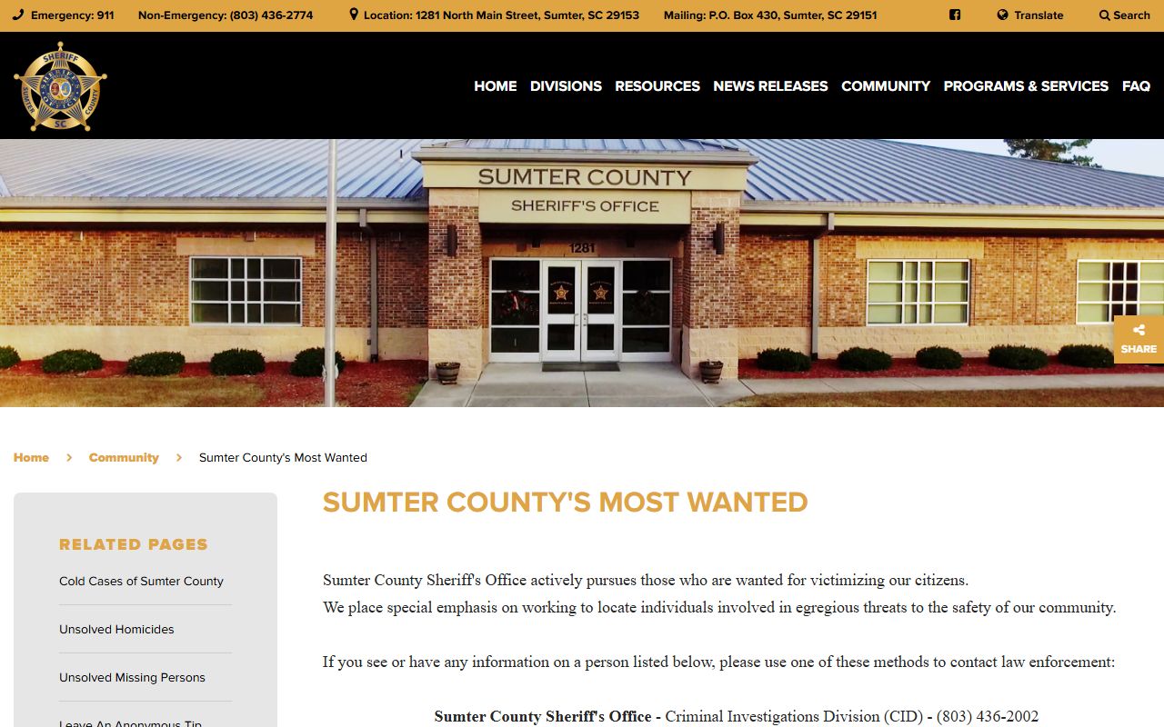 Sumter County warrant records Most Wanted page